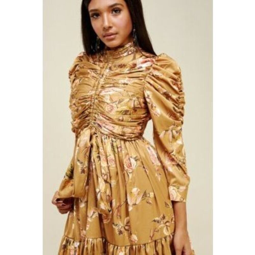 Beulah Style Shirred Mini Dress Gold Floral Satin Size M Romantic, Victorian